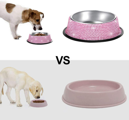 Bling Dog Bowls Pink, 640ML Handmade Bling Rhinestones Stainless Steel Pet Bowls Double Food Water Feeder for Puppy Cats Dogs - Set of 2